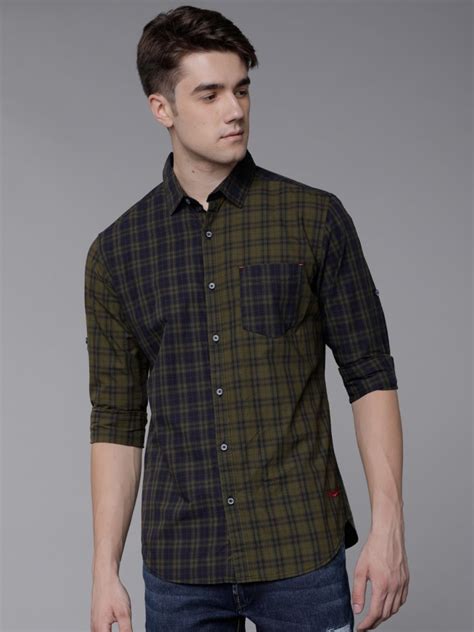 Buy Locomotive Green And Navy Blue Slim Fit Checked Casual Shirt For Men