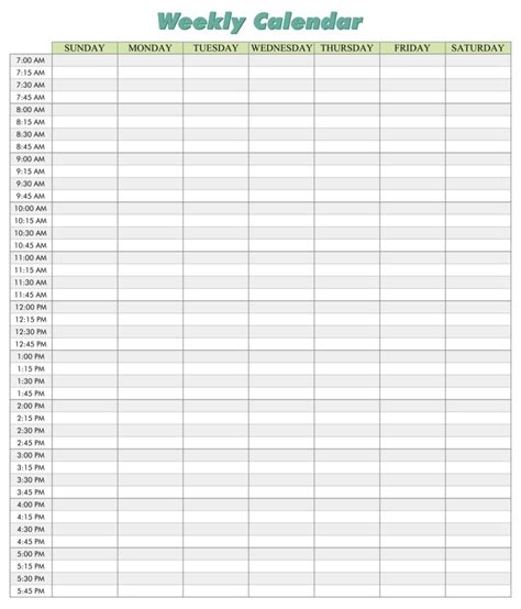 Printable Weekly Calendar With Minute Time Slots Printable Jd