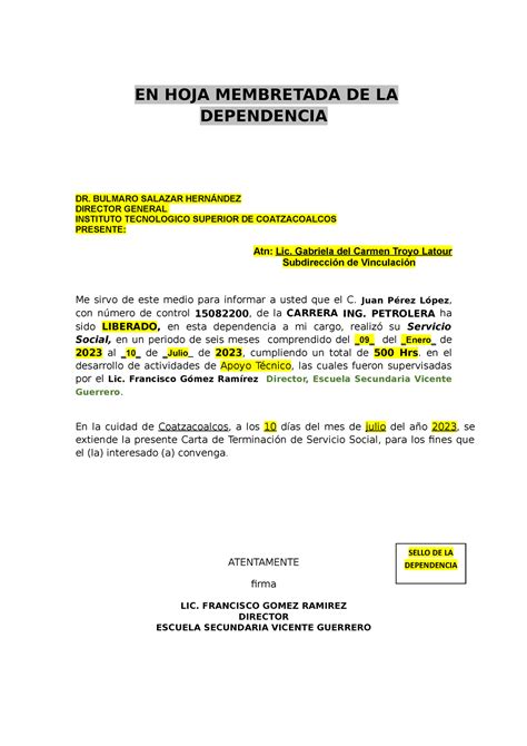 Carta DE Terminación Servicio Social EN HOJA MEMBRETADA DE LA