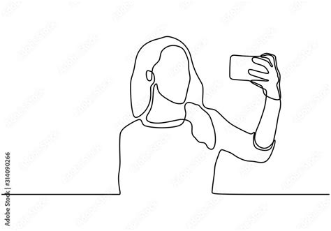 Girl Take Selfie Continuous One Line Drawing Vector Minimalism Hand