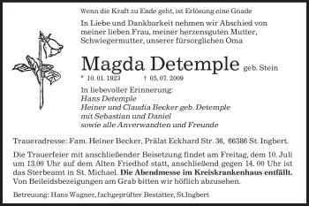 Traueranzeigen Von Magda Detemple Saarbruecker Zeitung Trauer De