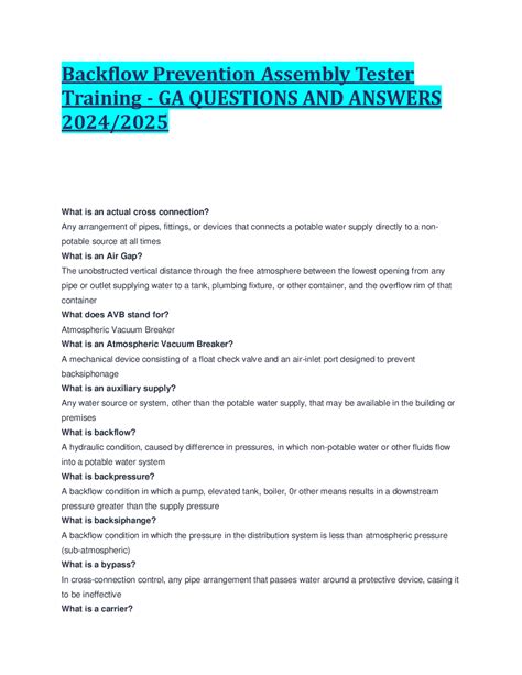 Backflow Prevention Assembly Tester Training GA QUESTIONS AND ANSWERS