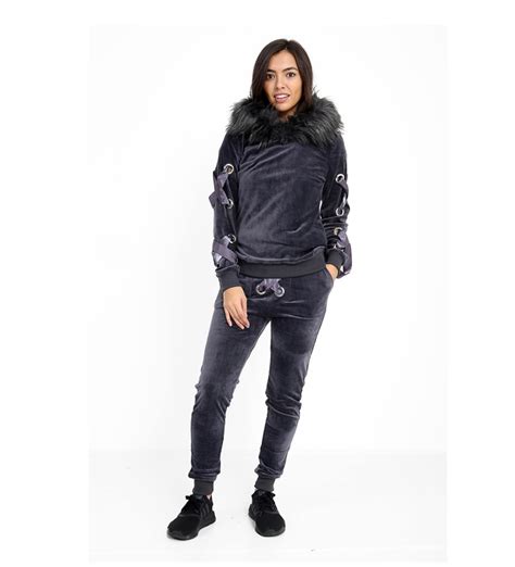 Faux Fur Lace Up Tracksuit Set In Charcoal Colour Angel Jewelers