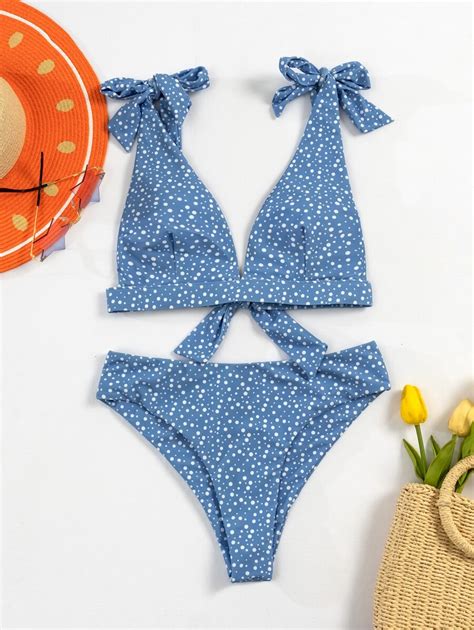 Polka Dot Tie Shoulder Bikini Swimsuit SHEIN USA