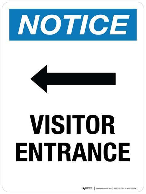 Notice Visitor Entrance Arrow Left Portrait Wall Sign