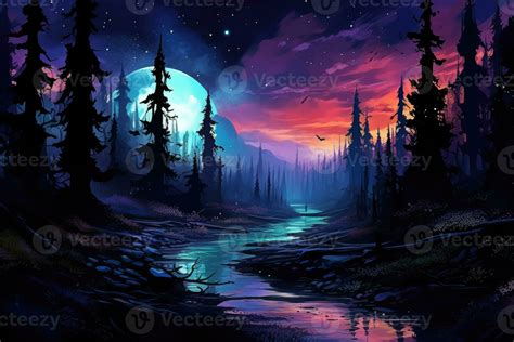 Fantasy landscape with magic forest at night. Nature background ...