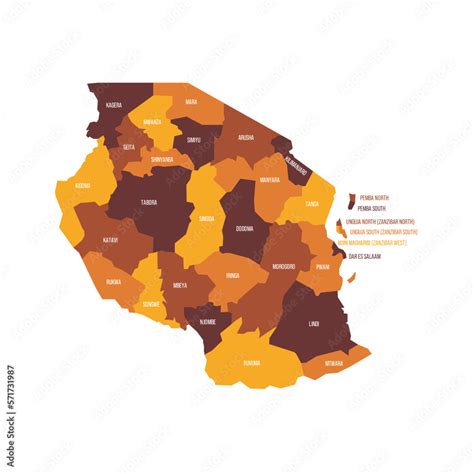 Tanzania Political Map Of Administrative Divisions Regions Flat