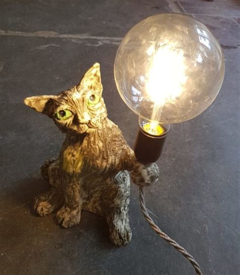 Ceramic Cat Lamp Base With Vintage Bulb And Fitting Jane Adams Ceramics