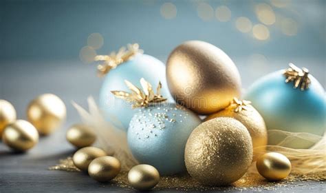 A Group Of Blue And Gold Christmas Ornaments On A Table With Gold