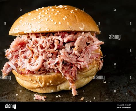 Rustic American Barbecued Pulled Pork Sandwich Stock Photo Alamy