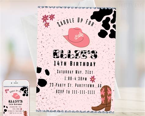 Editable Cowgirl Birthday Invitation Pink Cowgirl Invite Saddle Up