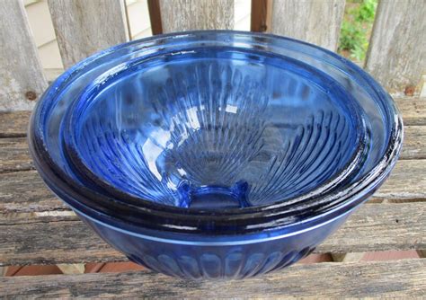 Vintage Cobalt Blue Glass Mixing Bowls Nesting Ribbed Shell Etsy