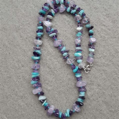 Amethyst And Amazonite Beaded Necklace Sterling Silver Hand Beaded