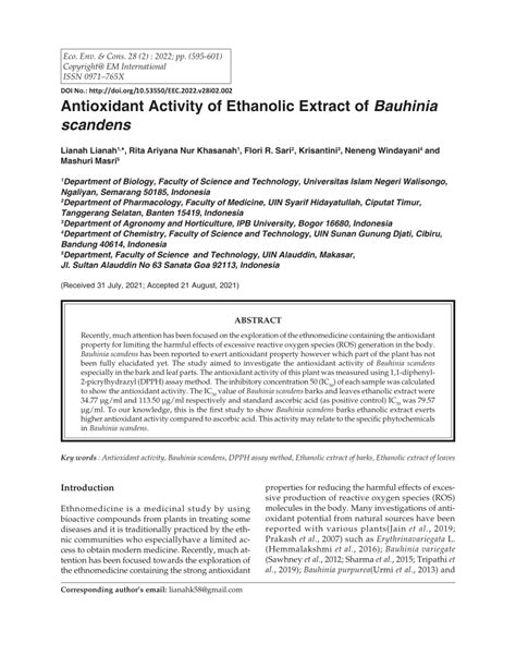 Pdf Antioxidant Activity Of Ethanolic Extract Of Bauhinia Scandens