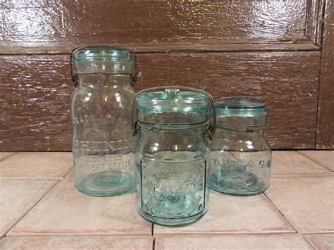 Three Vintage Aqua Glass Canning Jars With Lids Lightning Luster And Atlas Ez Seal For One