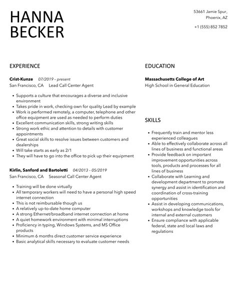 Call Center Agent Resume Samples Velvet Jobs