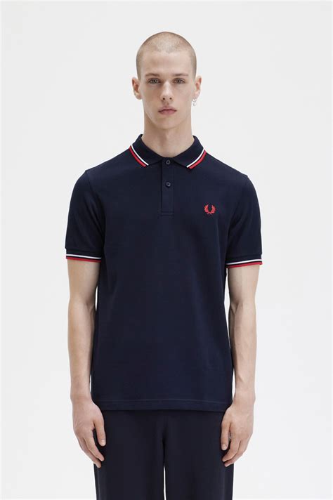 M3600 Navy White Red The Fred Perry Shirt Mens Short And Long