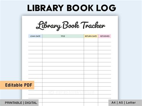 Library Book Tracker Printable Book Log Library Book Return Reading