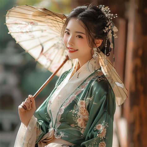 Premium Photo Araffe Woman In A Green Kimono With A White Umbrella