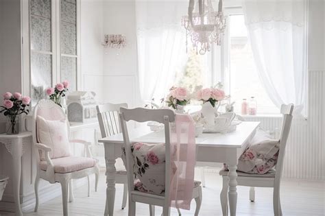 Premium Ai Image Shabby Chic Dining Room With White Table Black