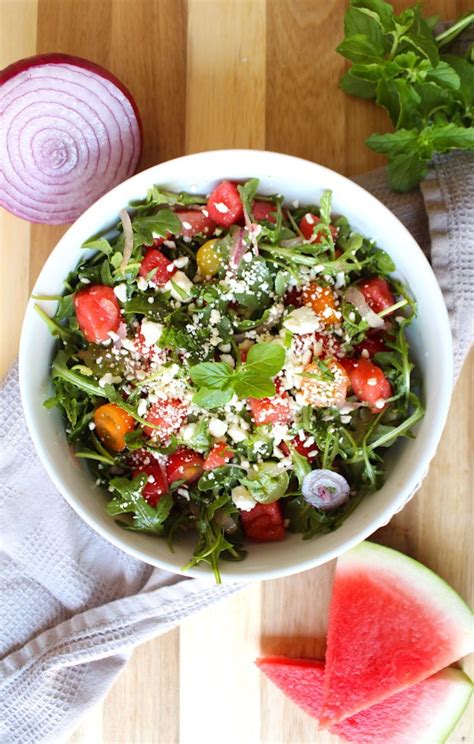 Fresh Watermelon Salad With Feta Arugula And Mint Honey Lime