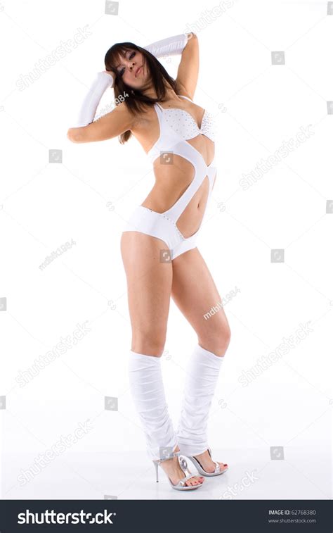 Sexy Brunette White Bikini Dancing On Stock Photo 62768380 Shutterstock