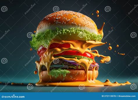 Burguer Patty With Lots Of Cheese Vegetables Explosion Of Flavors Delicious Fast Food