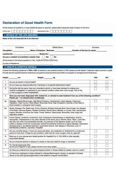 Health Declaration Form Template