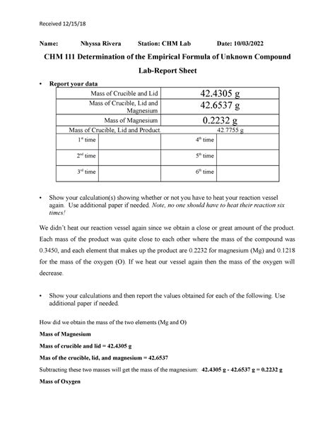 Week Exp Lab Report Sheet And Post Lab Questions Chm