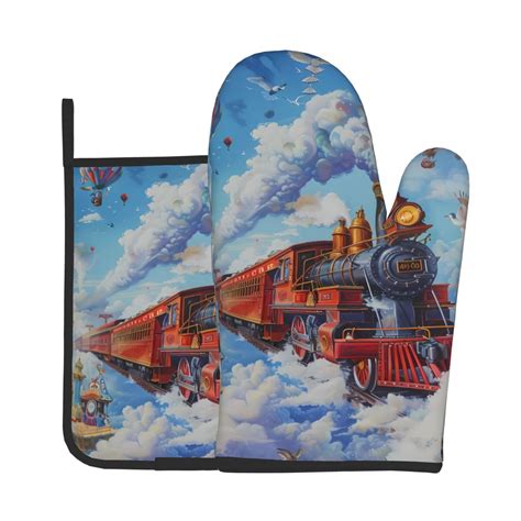 Zeuib Cartoon Train Hot Air Balloon Print Oven Mitt Pot Holder Set Pack Kitchen Gloves And