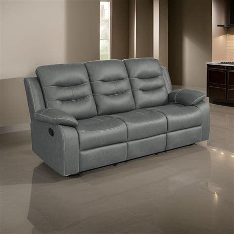 Benjara Ursula Manual Recliner Sofa Dark Gray Leather Tufted 83 Inch