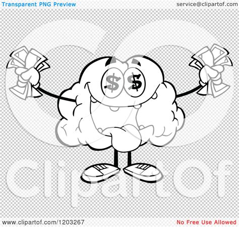 Cartoon Of A Black And White Brain Mascot With Dollar Eyes And Cash