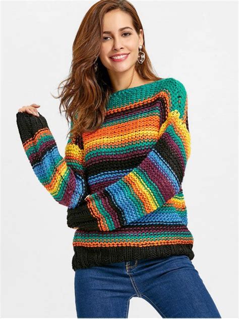 Slash Neck Chunky Knit Sweater Multi One Size Crochet Dress Outfits Knitted Sweaters