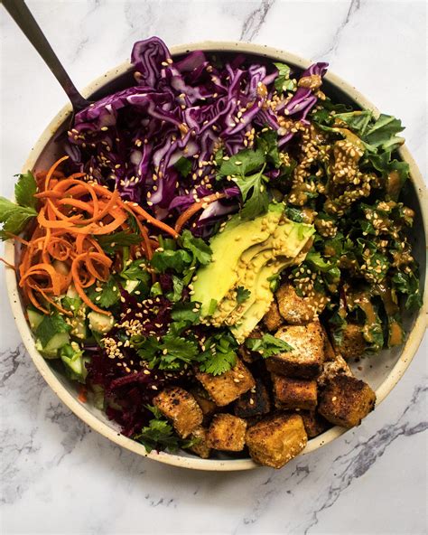 Vegan Crispy Tofu Buddha Bowl With Umami Tahini Dressing