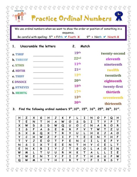 School Grades School Subjects Ordinal Numbers Number Worksheets