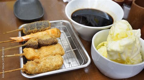 Kushikatsu Japanese Dish Of Seasoned Skewered And Deep Fried M Stock