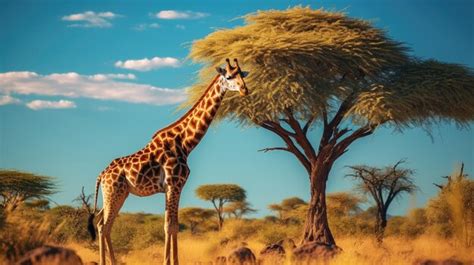 Premium Photo | A photo of a giraffe feeding on the leaves of a tall acacia tree in the savanna ...