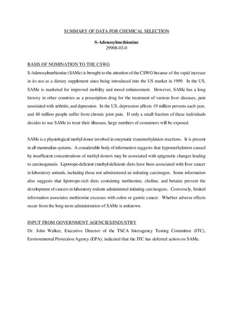 Fillable Online Ntp Niehs Nih SUMMARY OF DATA FOR CHEMICAL SELECTION OF