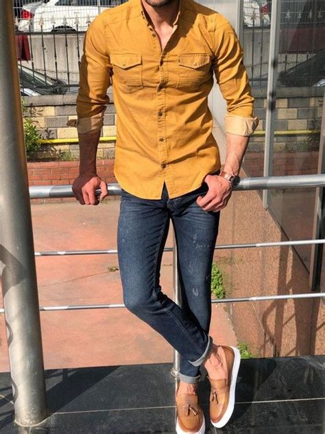 Yellow Shirt Men Shirts Outfits With Dark Blue And Navy Jeans Outfit