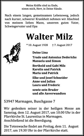 Traueranzeigen Von Walter Milz WirTrauern