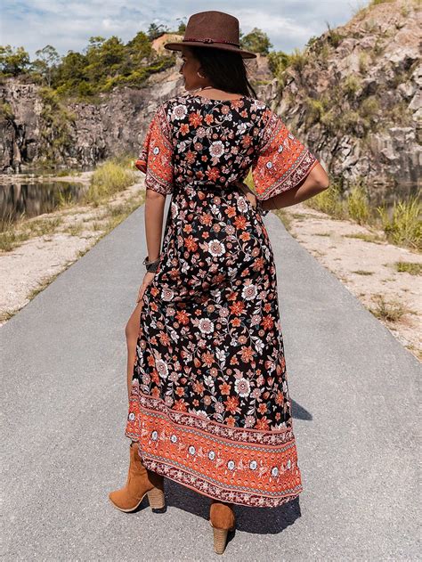 Floral Print Butterfly Sleeve Split Thigh Dress Shein Usa