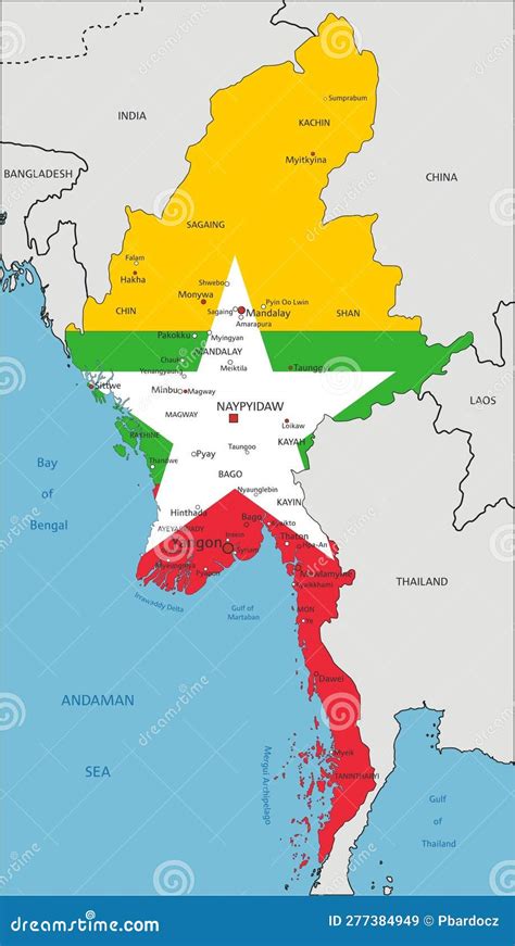 Myanmar Detailed Political Map With National Flag Isolated On White