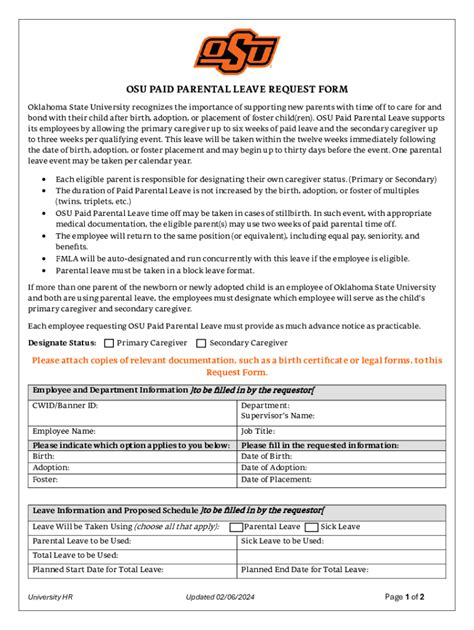 Fillable Online Hr Okstate Osu Paid Parental Leave Request Form Fax