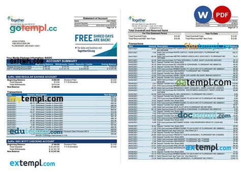 Doctempl Usa Missouri Together Credit Union Bank Statement Template