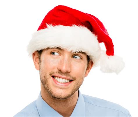 Closeup Of Caucasian Man Wearing Christmas Hat For Santa Isolate Stock