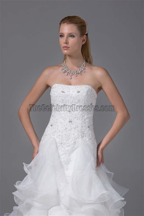 A Line Strapless Chapel Train Organza Tiered Wedding Dress