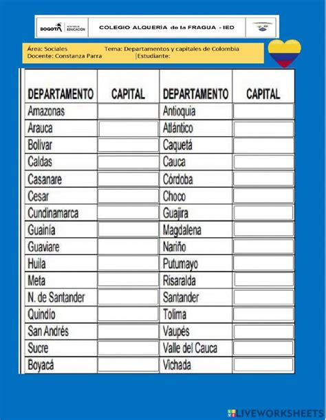 Ficha De Departamentos Y Capitales De Colombia Comunidades Autonomas