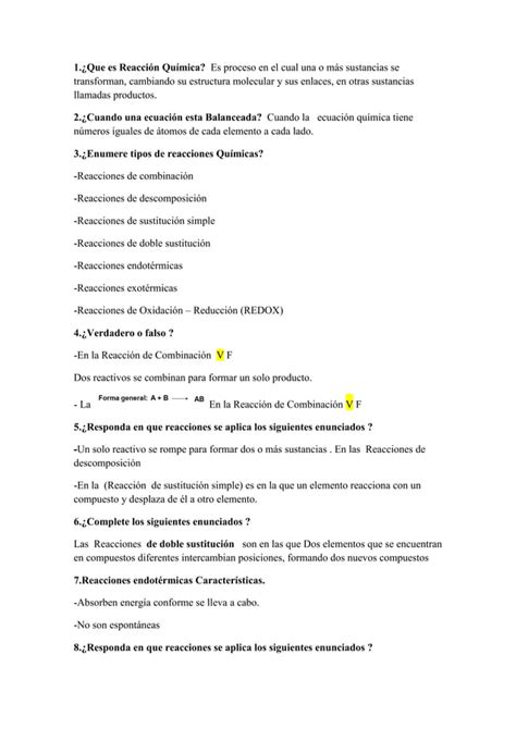 Reacciones Qu Micas Cuestionario Con Preguntas Y Respuestas Pdf