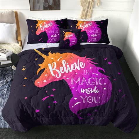 4 Pieces Purple Girl Unicorn Comforter Set Unilovers