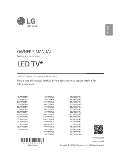 LG LED TV Specifications and Owner's Manual